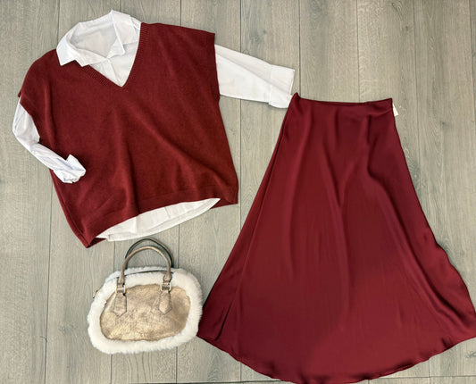 Gonna in raso bordeaux